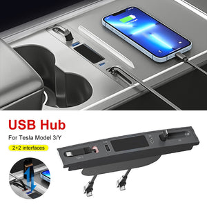 Aroham 27W Quick Charger Docking Station USB LED Shunt Hub Extension Center Console Smart Sensor For Tesla Model 3 Y 2021 2022 2023