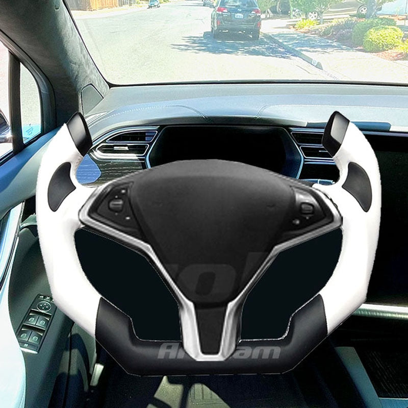 Yoke Steering Wheel For Tesla Model S Model X 2013 2014 2015 2016 2017 2018 2019 Alcantara Matte Carbon Fiber or Full Leather