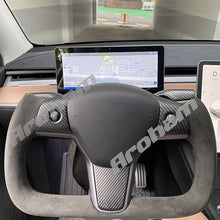 Charger l&#39;image dans la galerie, Yoke Plaid Design Matta Carbon Fiber Steering Wheel With Suede Customized For Tesla Model 3 Model Y 2017 2018 2019 2020 2021 2022 2023
