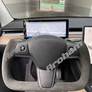 Yoke Plaid Design Matta Carbon Fiber Steering Wheel With Suede Customized For Tesla Model 3 Model Y 2017 2018 2019 2020 2021 2022 2023