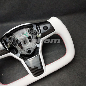 Aroham Yoke Carbon Fiber Steering Wheel White Leather With Heating No Heating For Tesla Model Y Model 3 2017 2018-2021 2022 2023